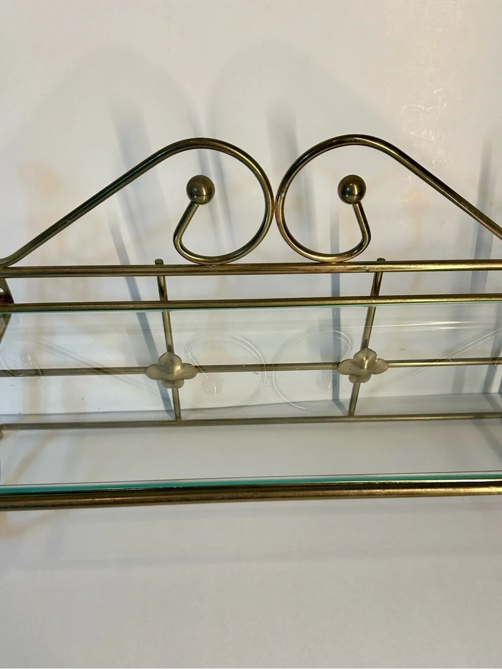 Vintage Brass Colored Glass Display Shelf  With Towel Holder